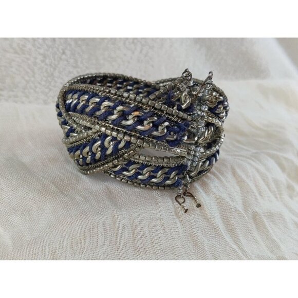 Bracelet Weave TriBand Memory Wire Blue Thread Silver Chain Beads Boho Cottage - Picture 6 of 9